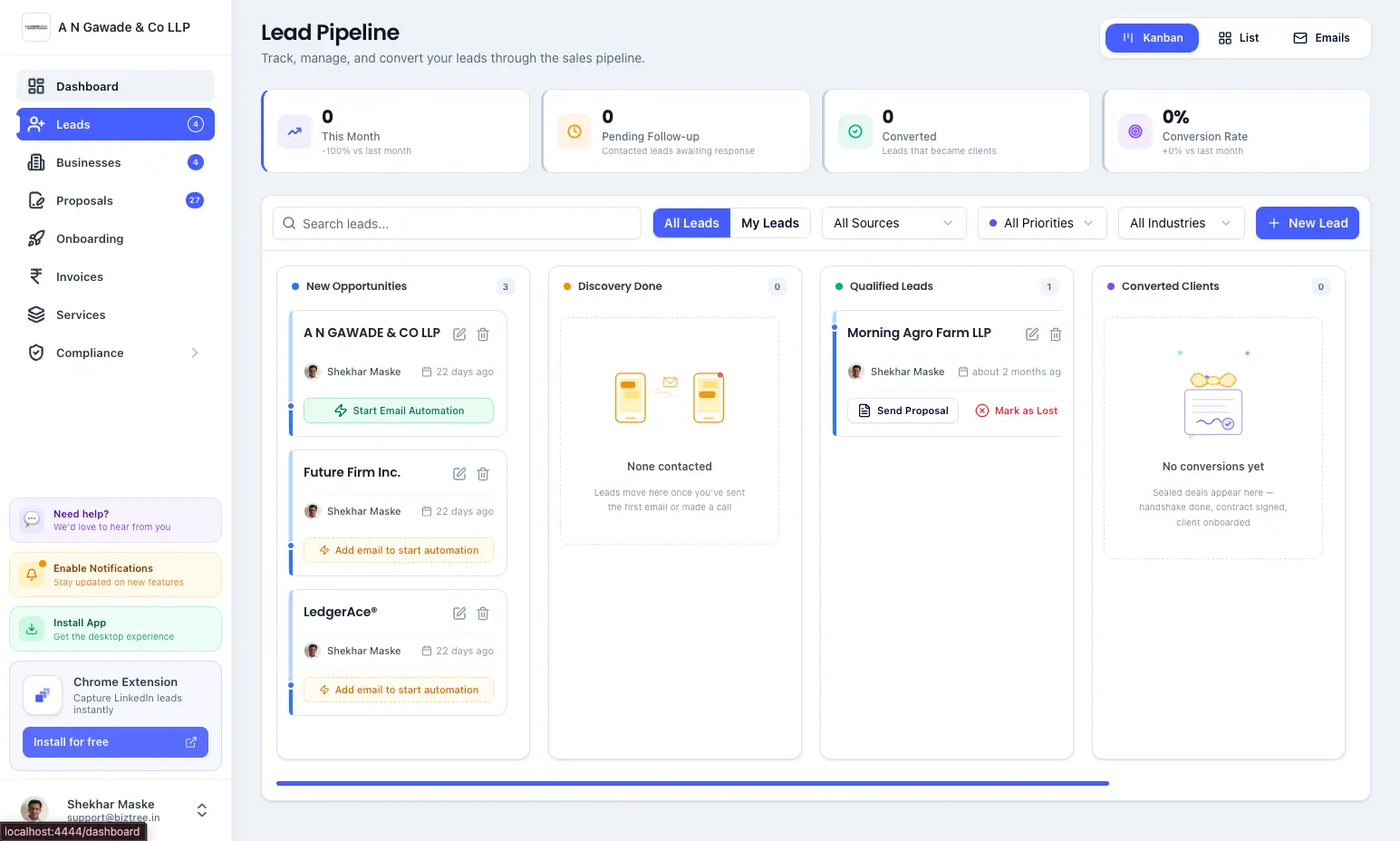Lead Management Kanban Board showing pipeline stages