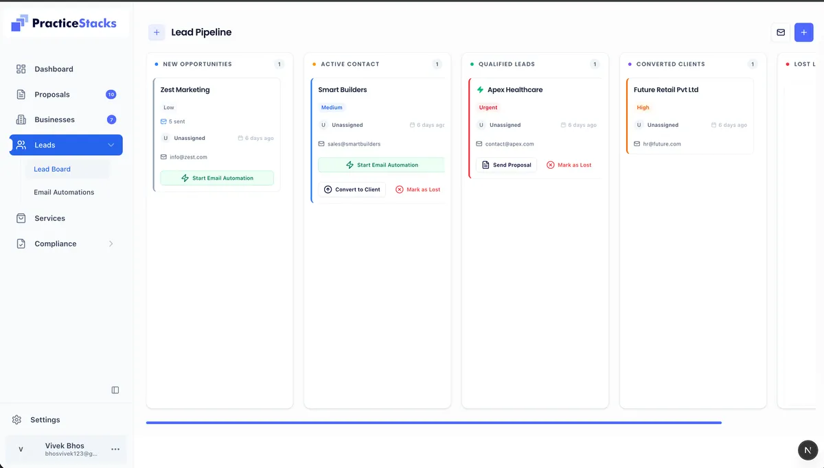 Lead Management Kanban Board showing pipeline stages