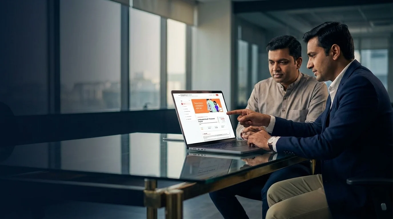 Two Indian business professionals reviewing a PracticeStacks proposal at a modern glass conference table