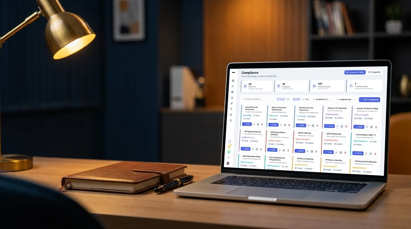 PracticeStacks compliance tracker open on a laptop on a warm-lit modern accountant's desk