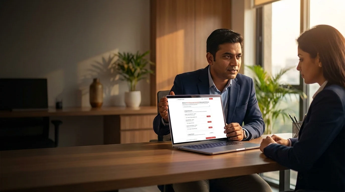 Indian CA showing PracticeStacks onboarding portal to a client on a laptop in a Pune office