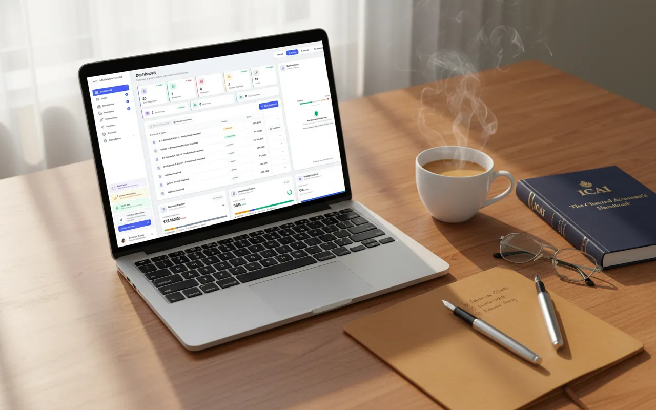 Chartered Accountant reviewing the PracticeStacks dashboard on a MacBook with morning chai
