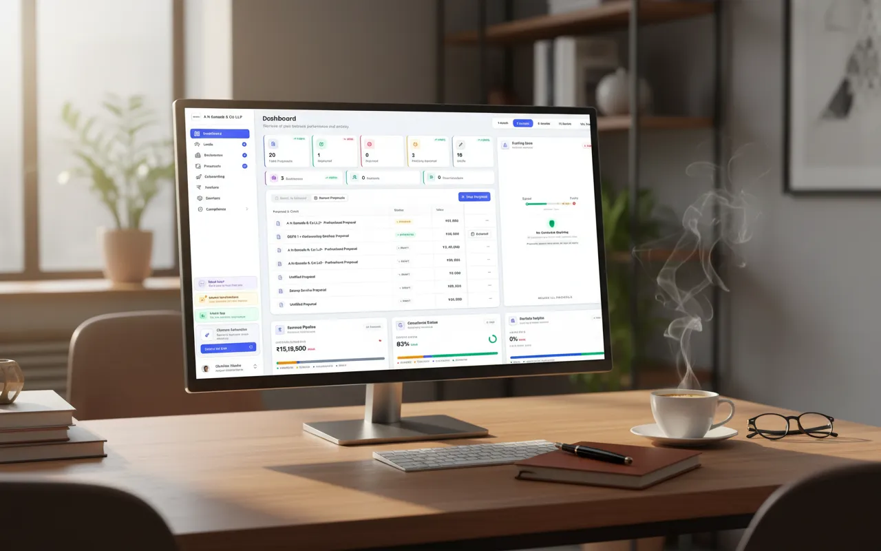 PracticeStacks proposals screen on a workstation monitor at a professional office