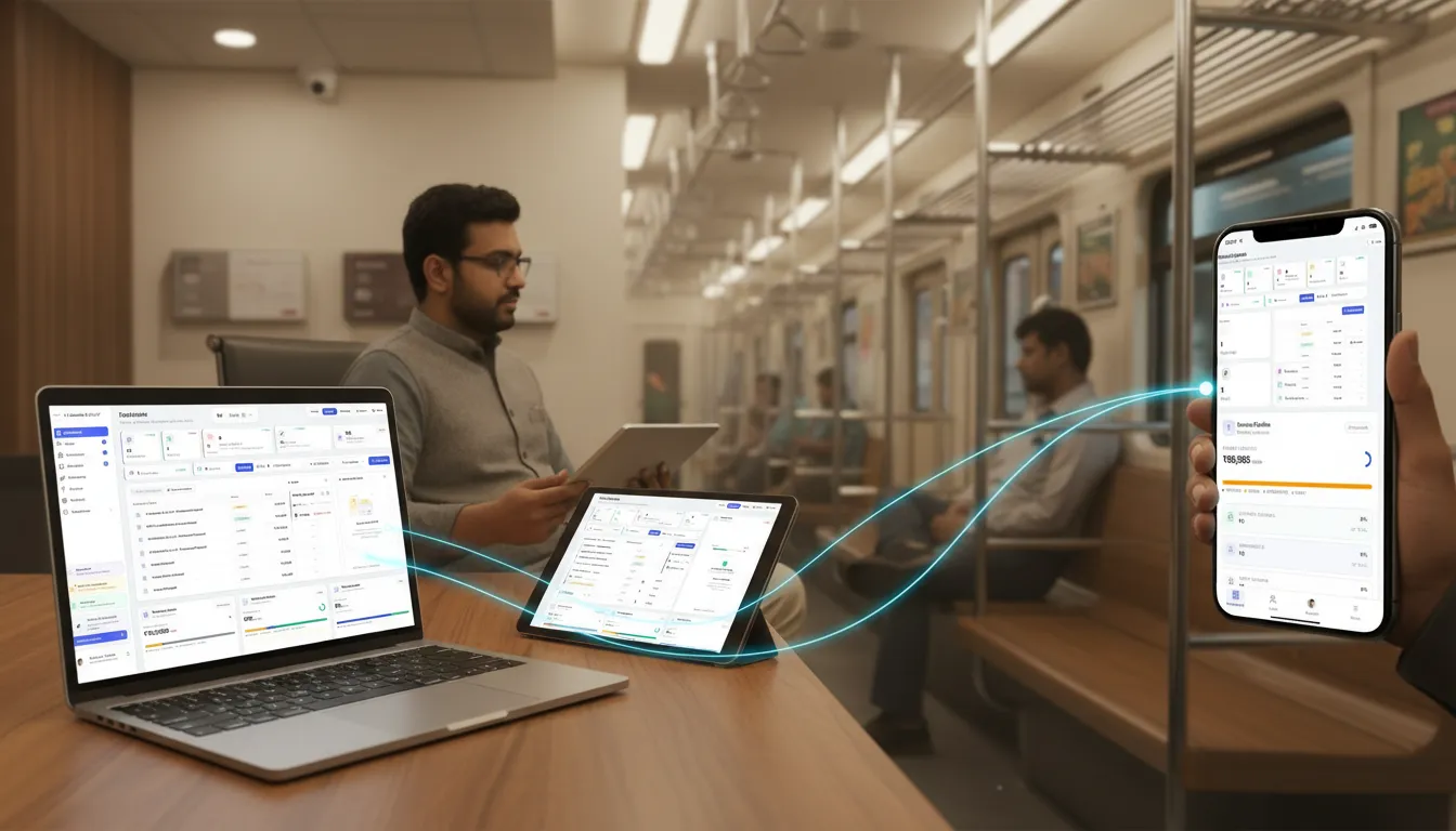 CA running PracticeStacks on laptop, tablet, and phone while commuting